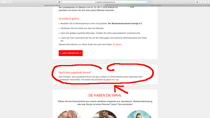 Screenshot der Kampagnenseite zu paydirekt-Wellnesswochen Aktion. So meldet man sich an.